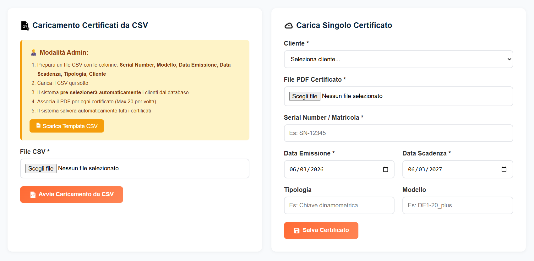 Caricamento certificati — singolo o da CSV