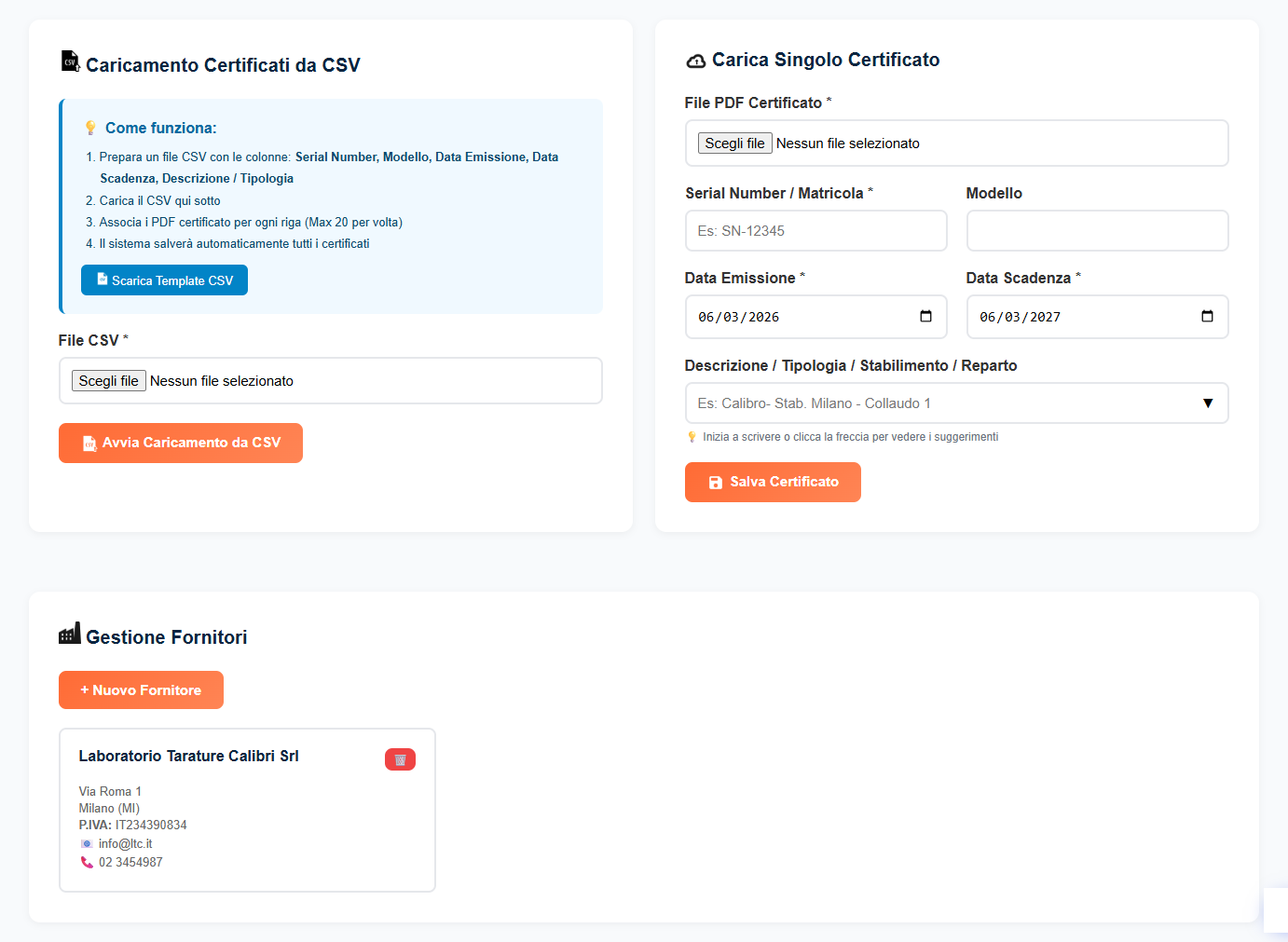 Caricamento certificato e gestione fornitori