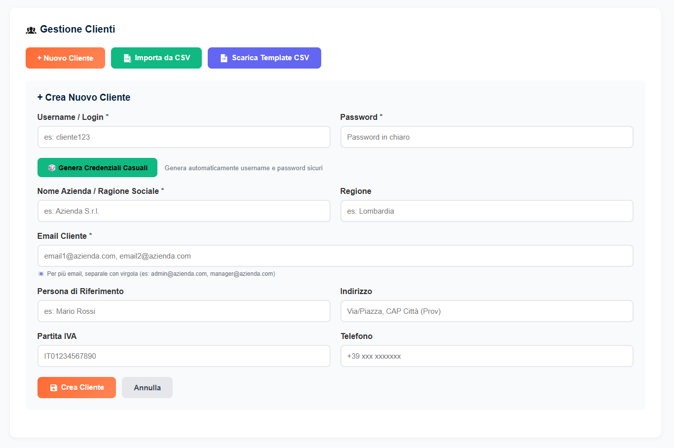 Creazione nuovo cliente con credenziali e dati aziendali