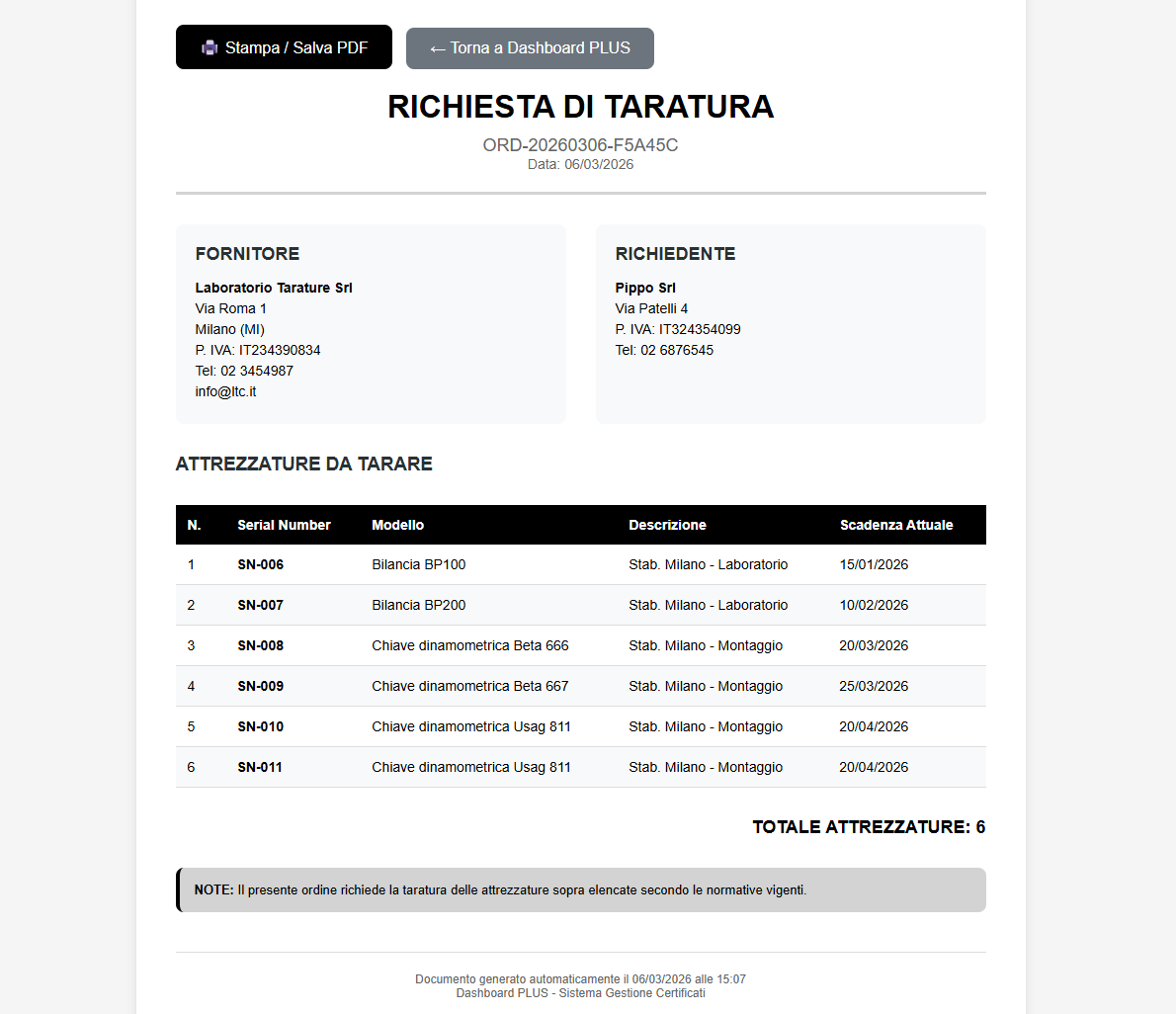 Documento ordine di taratura generato