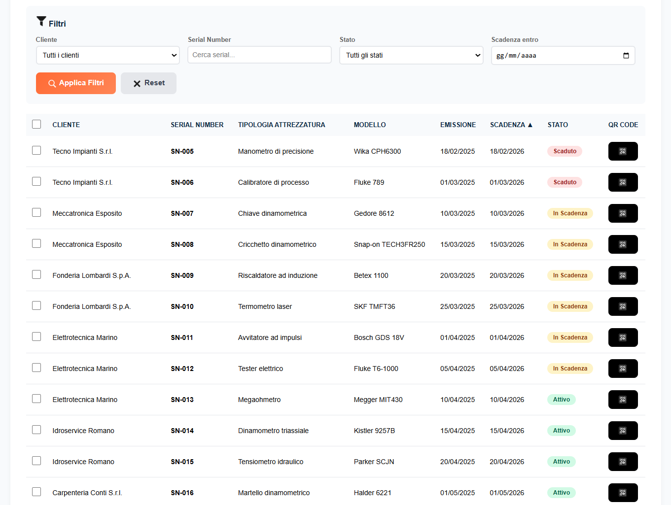 Lista certificati con filtri, stato e QR code
