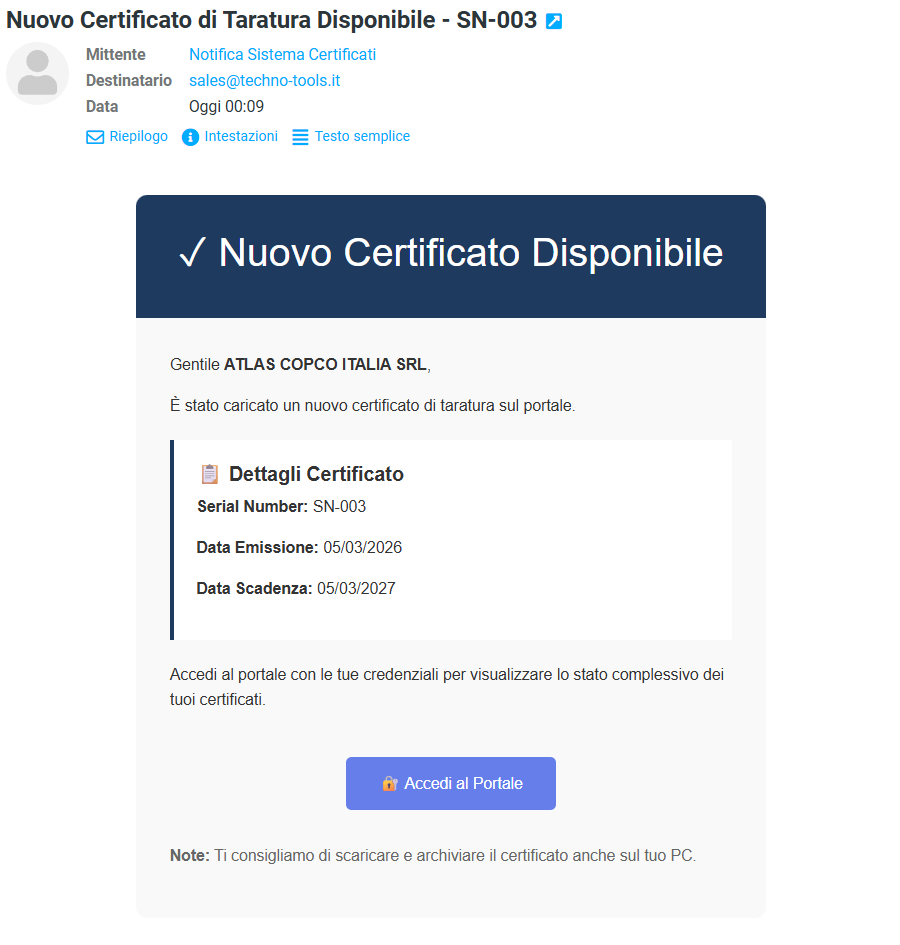 Email notifica nuovo certificato disponibile