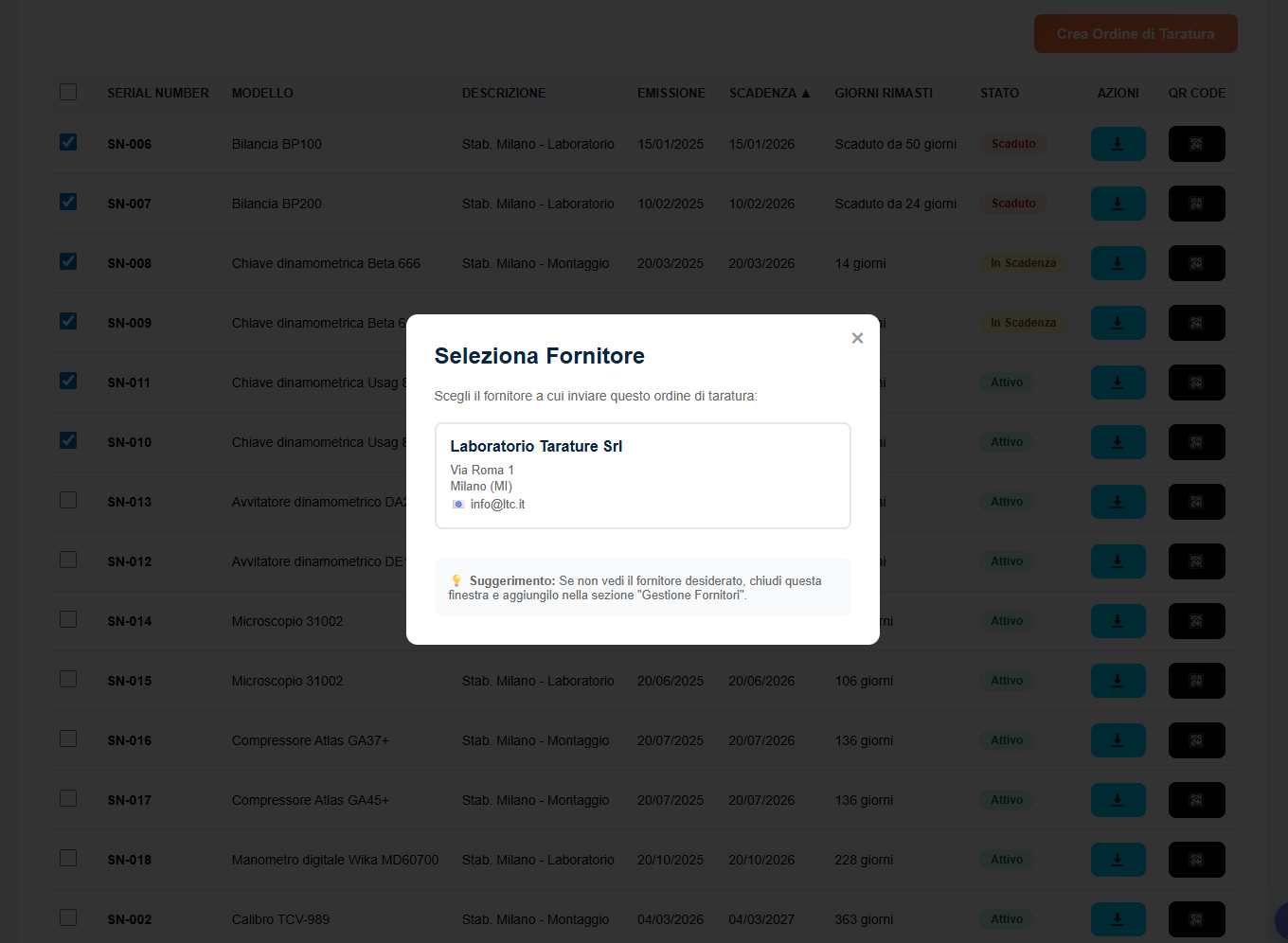 Selezione fornitore per l'ordine
