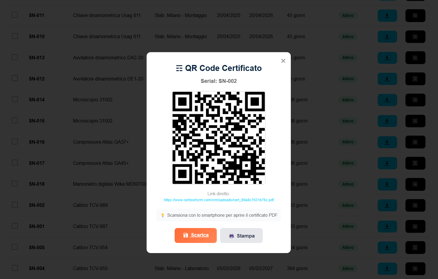QR code con link diretto al certificato PDF